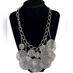 CHICOS Bib Collar Statement Necklace Round Disc Chain Women Muted Silver Tone